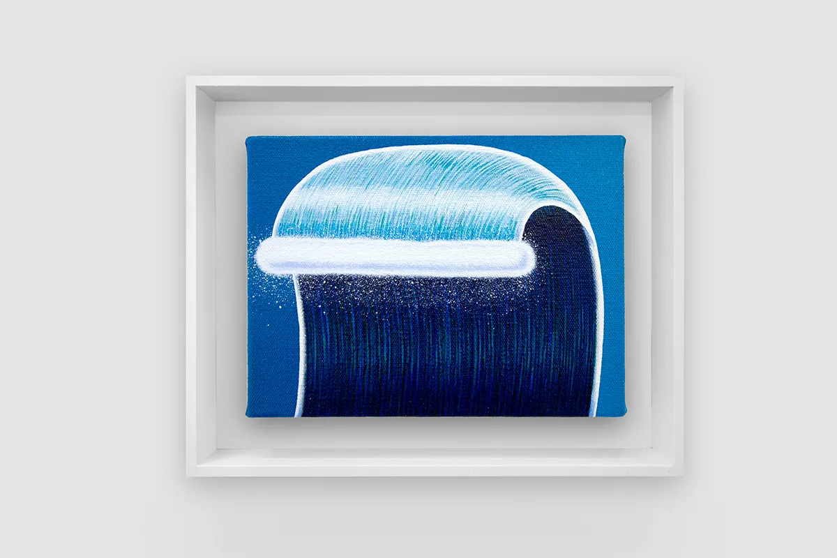 A figurative painting that shows a big ocean wave that is facing towards us