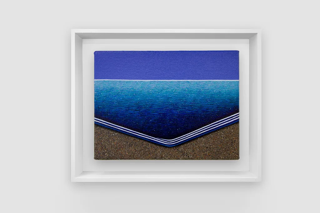A figurative painting featuring a dark blue ocean