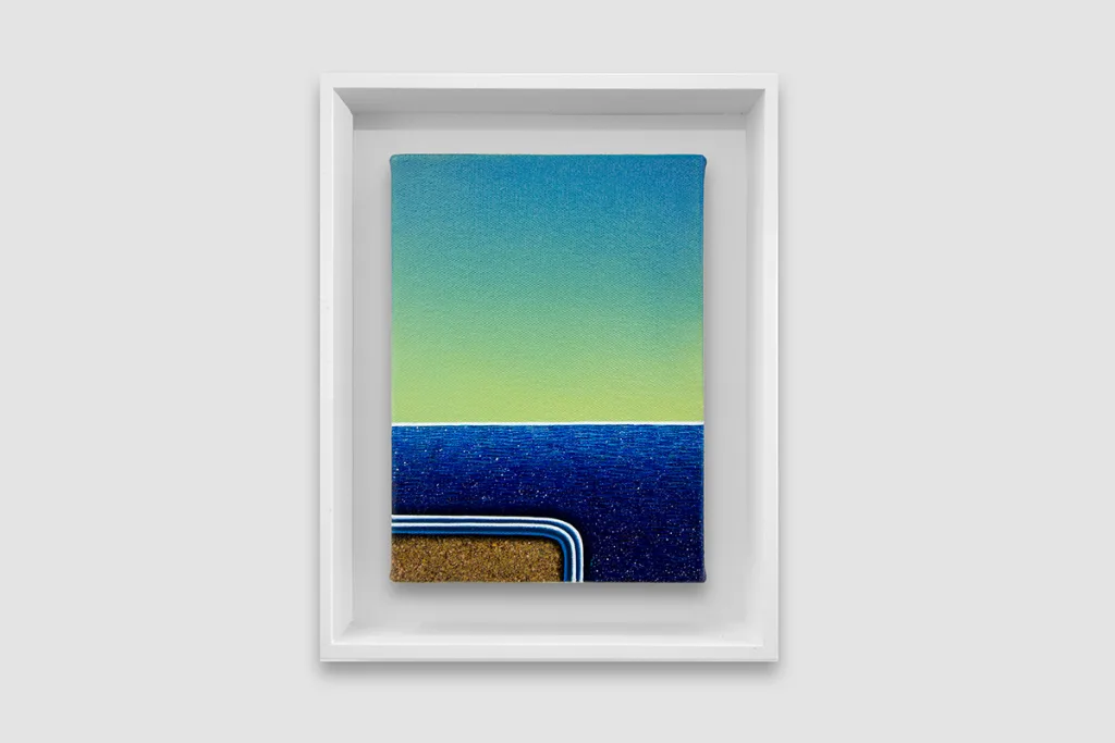 A figurative painting shows very dark blue ocean