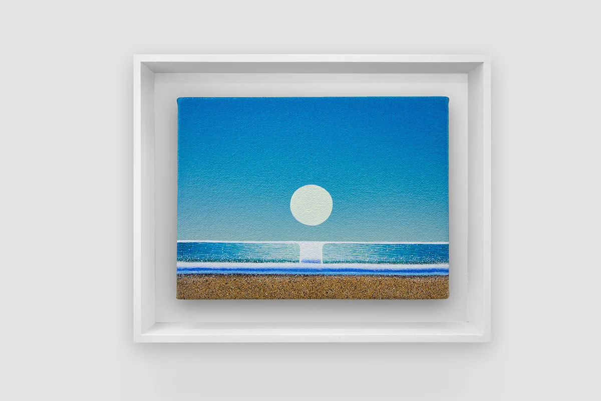A figurative painting featuring the full moon that is reflecting on a calm ocean