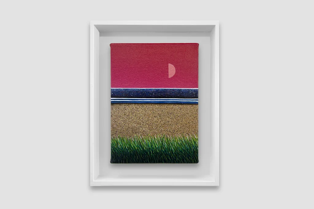 A figurative painting showing the calm ocean and brown shore that has grass on it