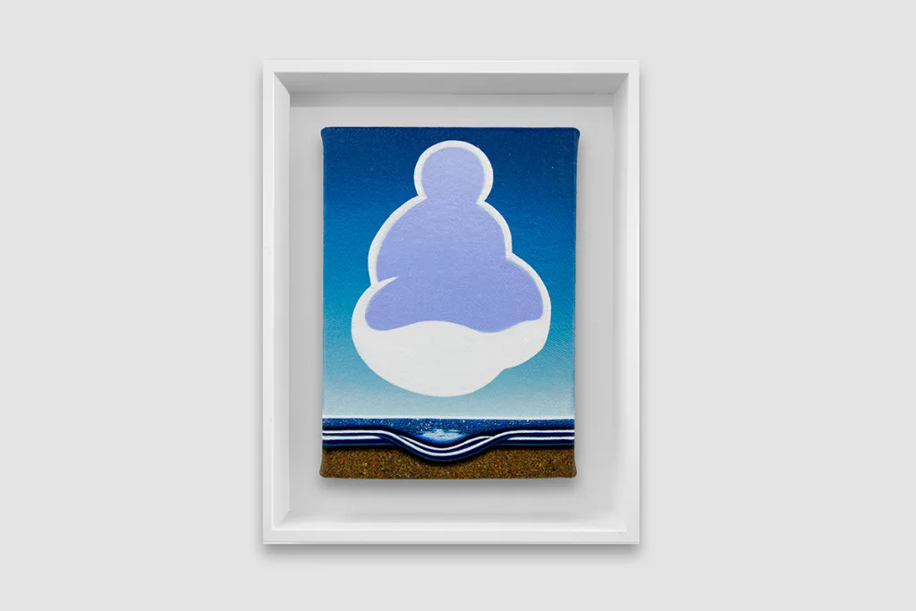 A figurative painting featuring a a white curved object shaped like a cloud