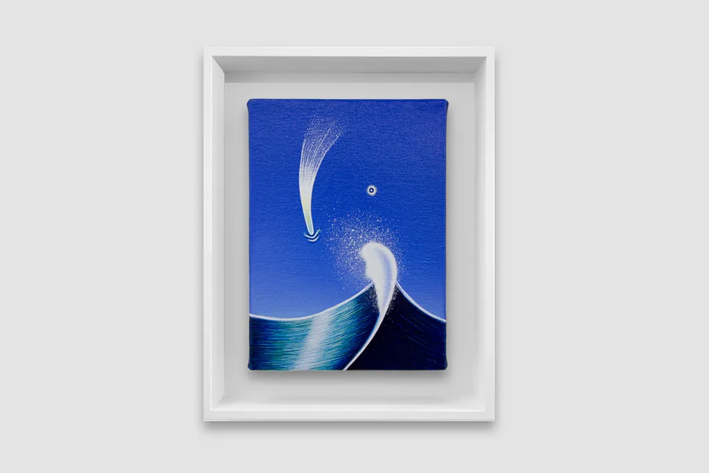 A figurative painting featuring a big ocean wave