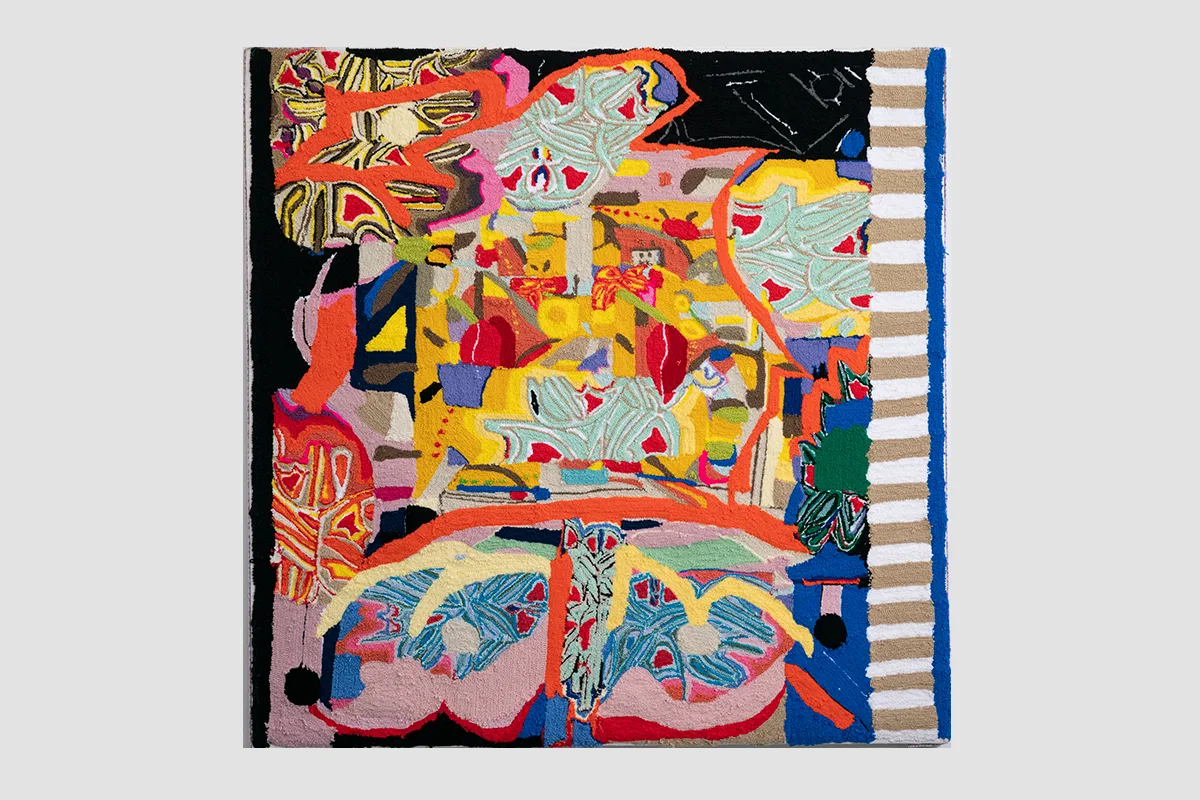 A large-scale painting made entirely of brightly-colored yarn that feature abstraction. It depicts a digital doodling