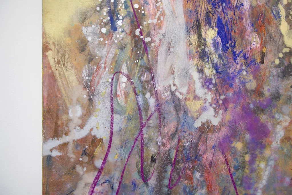 A detail image of an abstract painting that overlaps multiple iridescent hues