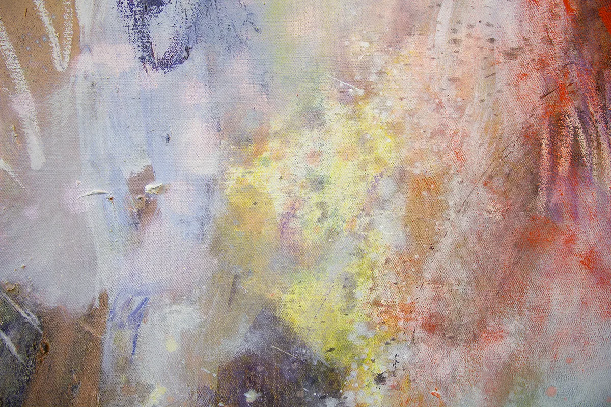 A detail image of an abstract painting featuring iridescent hues containing ground mica that are mixed with transparent pigments.