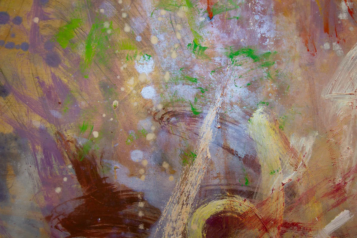 A detail image of an abstract painting featuring iridescent hues containing ground mica that are mixed and smeared with transparent pigments