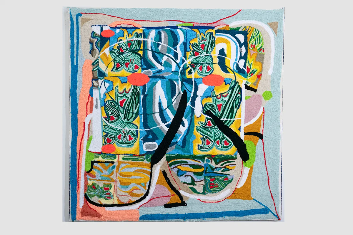 A large-scale painting made entirely of brightly-colored yarn that feature abstraction. It depicts a digital doodling