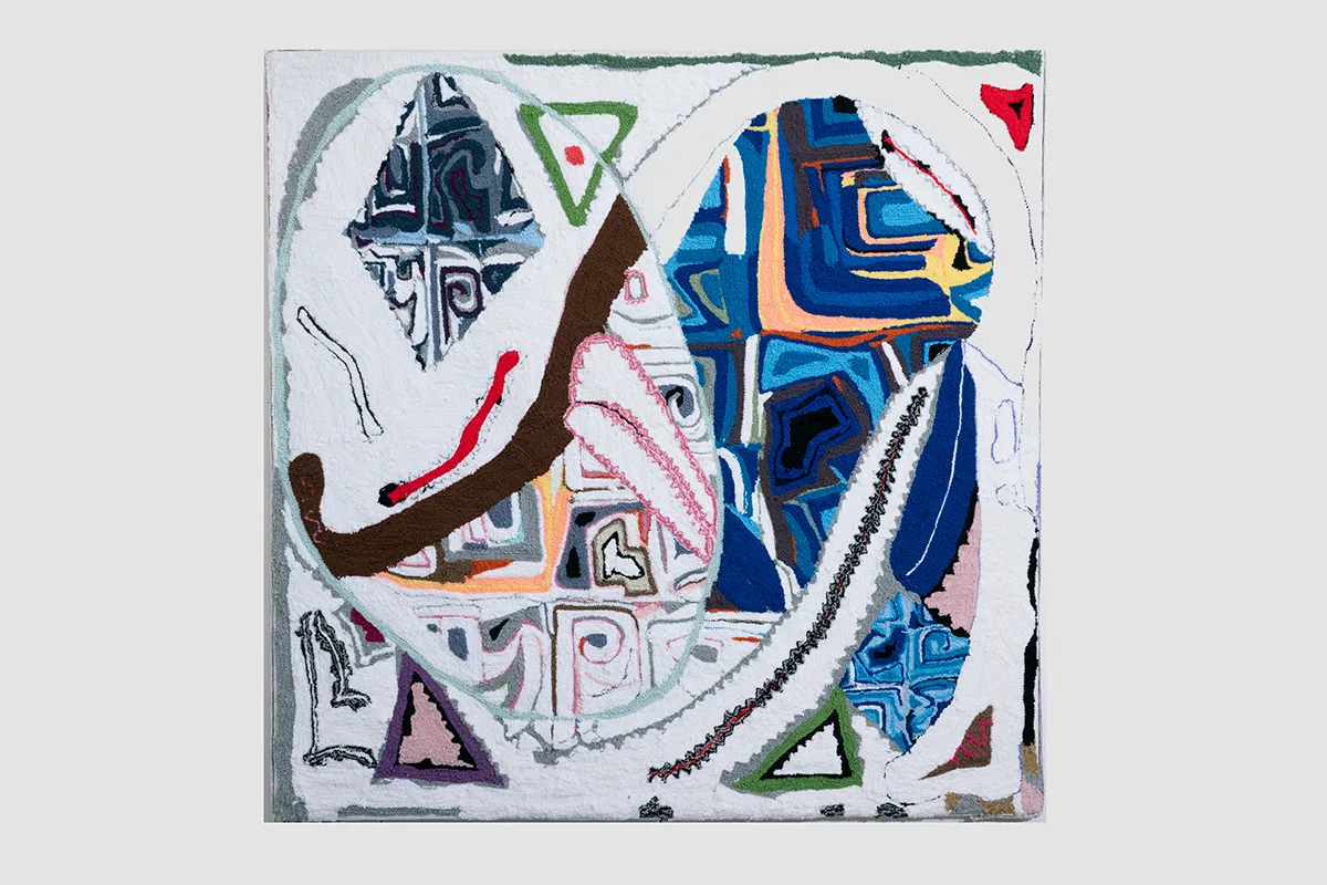 A large-scale painting made entirely of brightly-colored yarn that feature abstraction. It depicts a digital doodling
