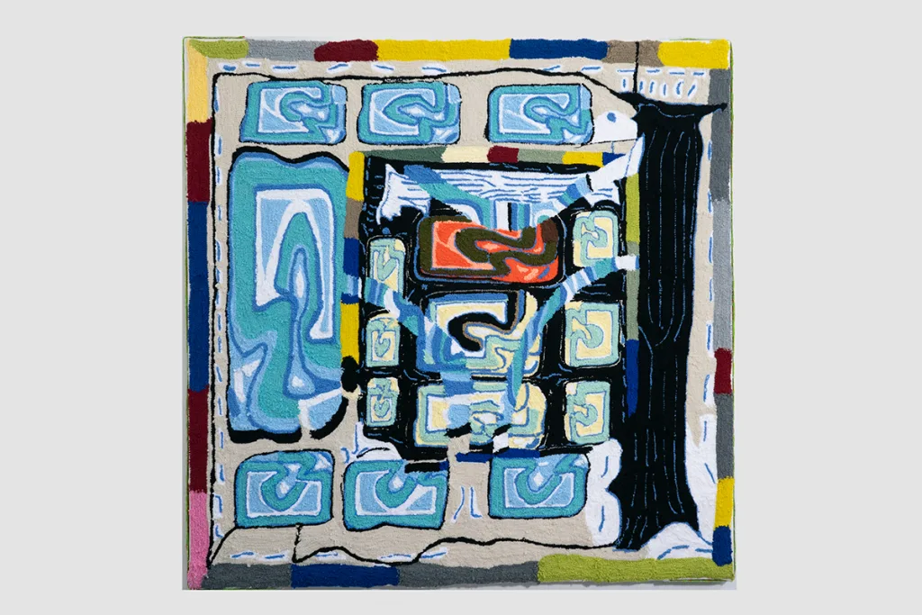 A large-scale painting made entirely of brightly-colored yarn that feature abstraction. It depicts a digital doodling