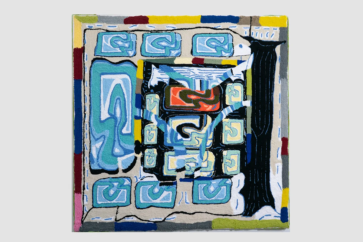 A large-scale painting made entirely of brightly-colored yarn that feature abstraction. It depicts a digital doodling