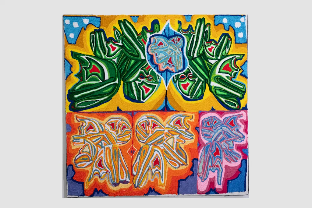 A large-scale painting made entirely of brightly-colored yarn that feature abstraction. It depicts a digital doodling