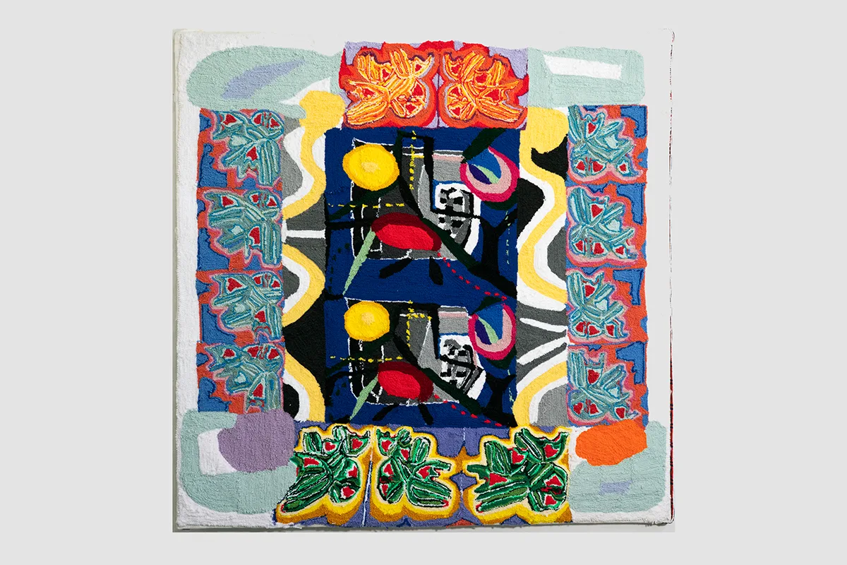 A large-scale painting made entirely of brightly-colored yarn that feature abstraction. It depicts a digital doodling