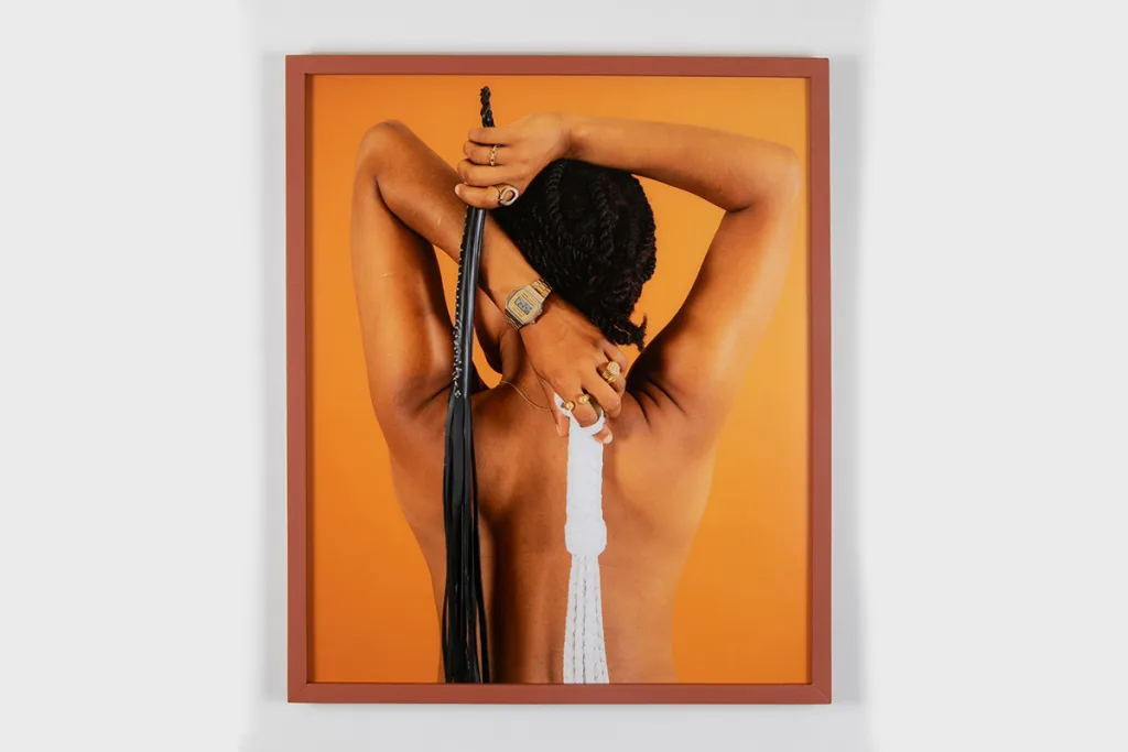 A photo of a woman holding a floggers and rope