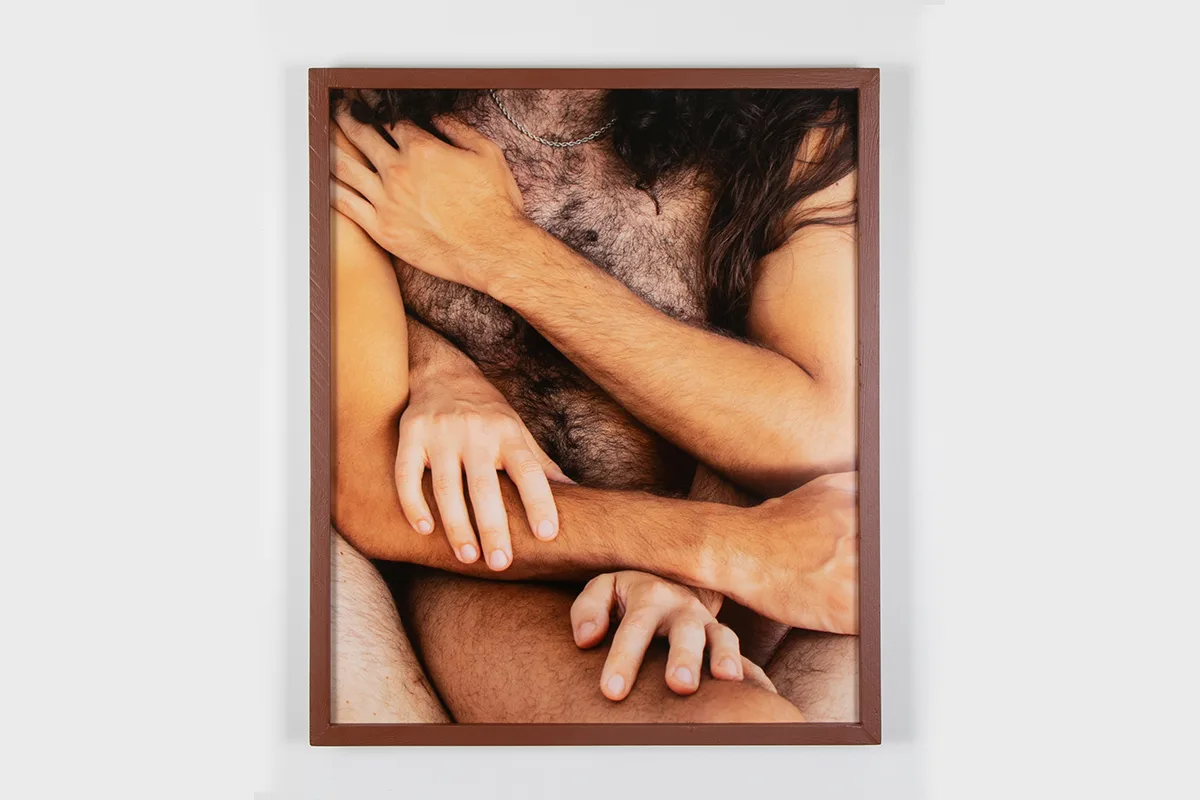 A photo of two human figures that pressing or weaving their bodies together