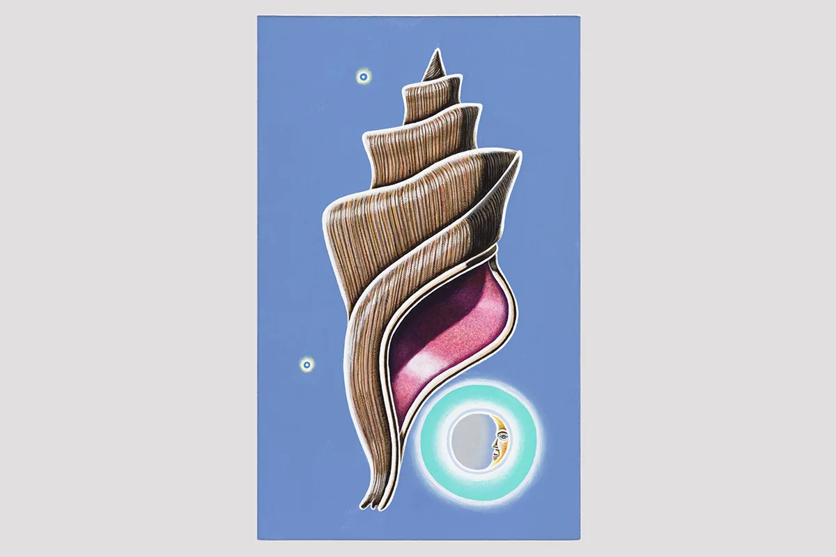 A figurative painting featuring a monster snail shell. The color of the shell is mostly earth tone