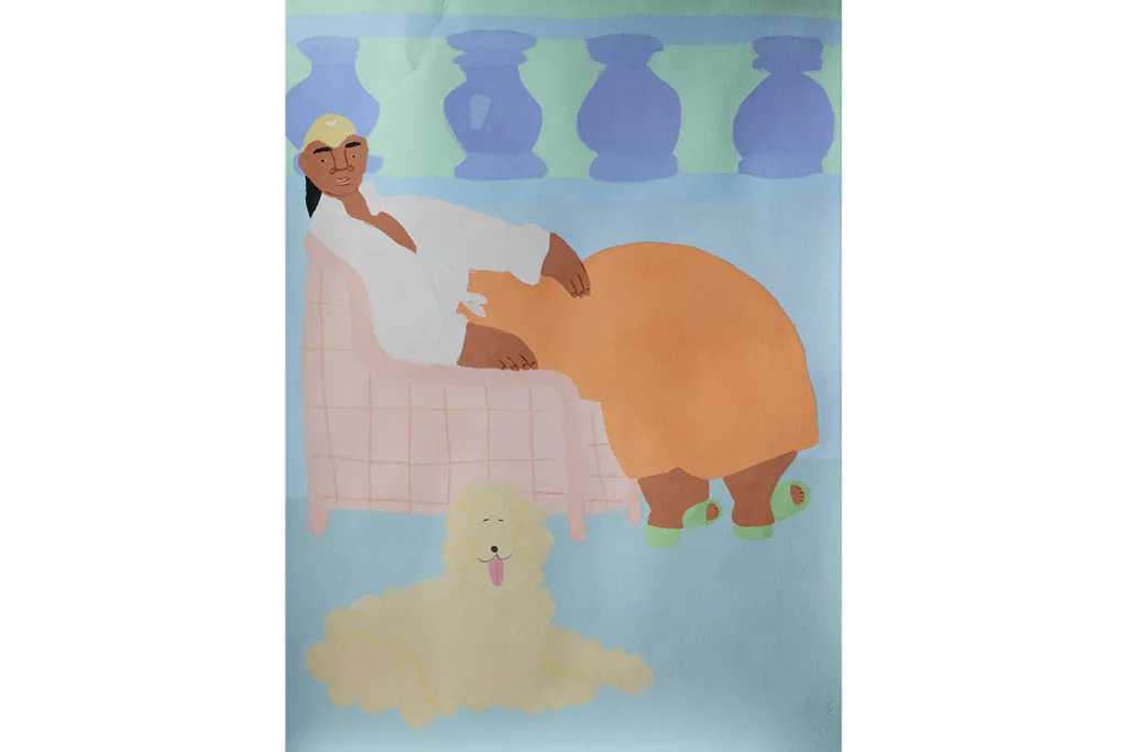 An acrylic painting on paper by artist Lilian Martinez of a woman sitting in a lounge chair, located on a balcony with a dog lying at her side.