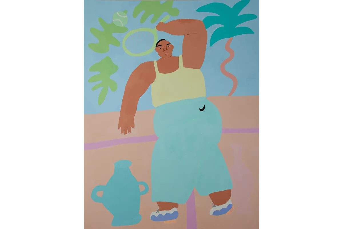 An acrylic painting on linen by artist Lilian Martinez of a woman on a clay tennis court next to a stone vase. The woman is holding a tennis racquet, swinging at a tennis ball, with trees and flora in the background.