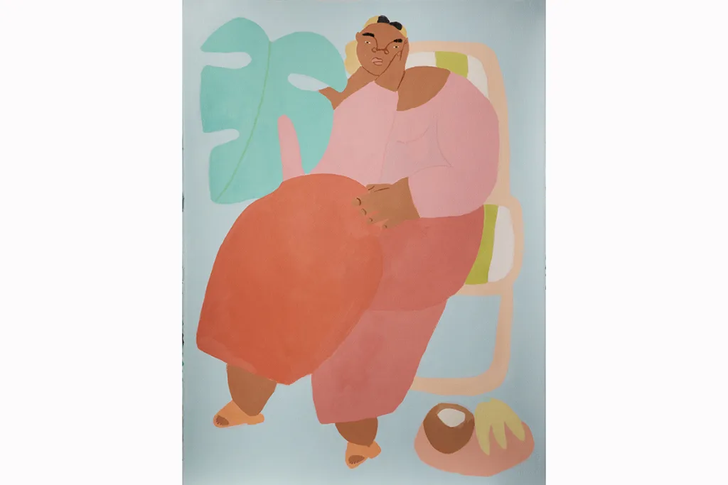 An acrylic painting on paper by artist Lilian Martinez of a woman sitting on a chair, right hand on the side of her face, left hand on her lap. A bowl and some bananas sit beside her foot.