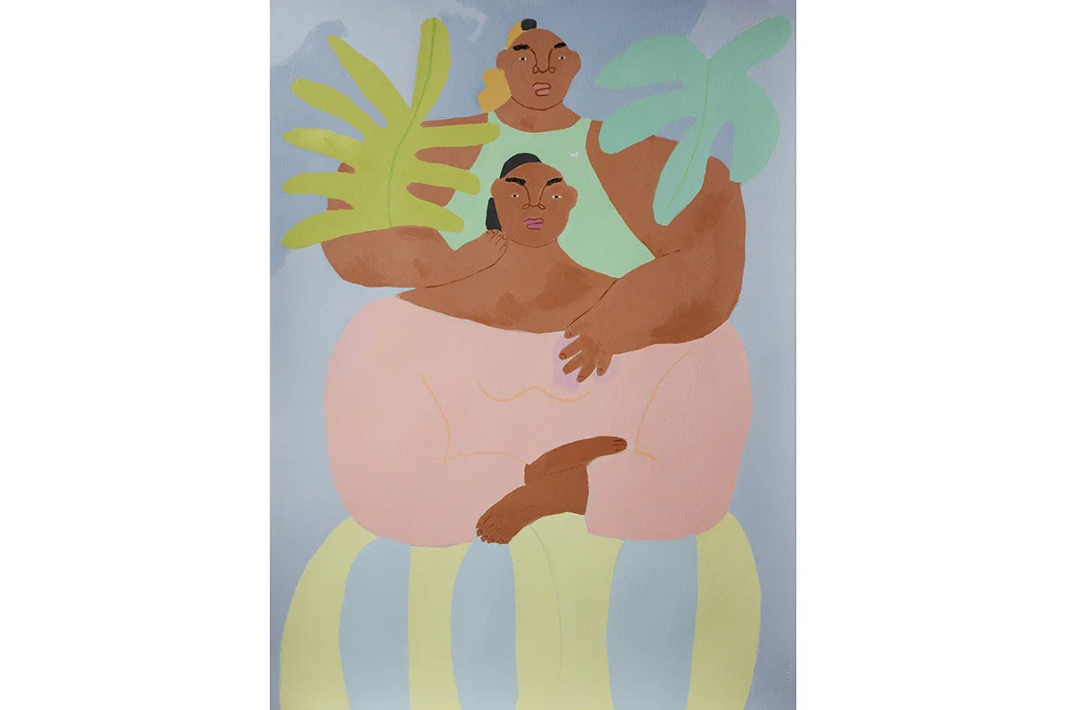 An acrylic painting on paper by artist Lilian Martinez of a woman sitting down as another woman stands behind her, surrounded by flora.