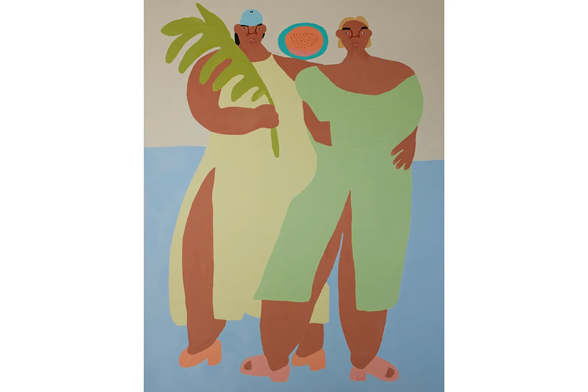 An acrylic painting on linen by artist Lilian Martinez of two women standing, forward facing in a side by side embrace, with a melon balanced on their shoulders.