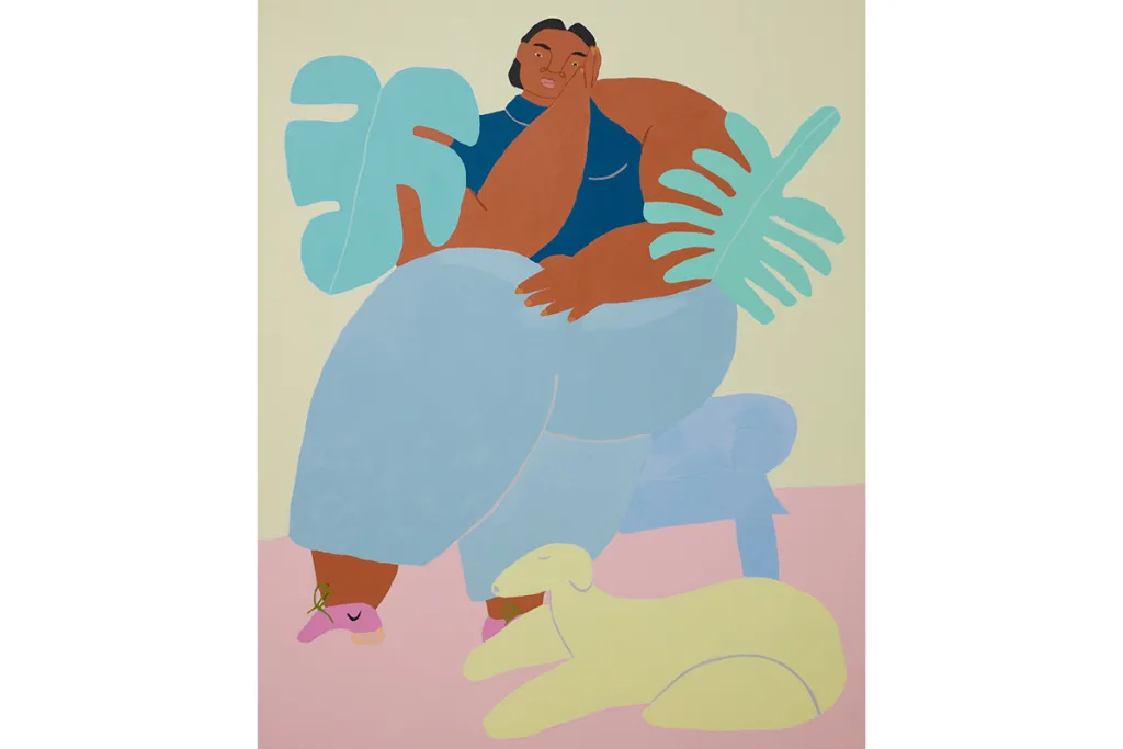 An acrylic painting on linen by artist Lilian Martinez of a woman sitting down on a chair, right hand on her face, left hand on her leg and a dog sitting down beside her.