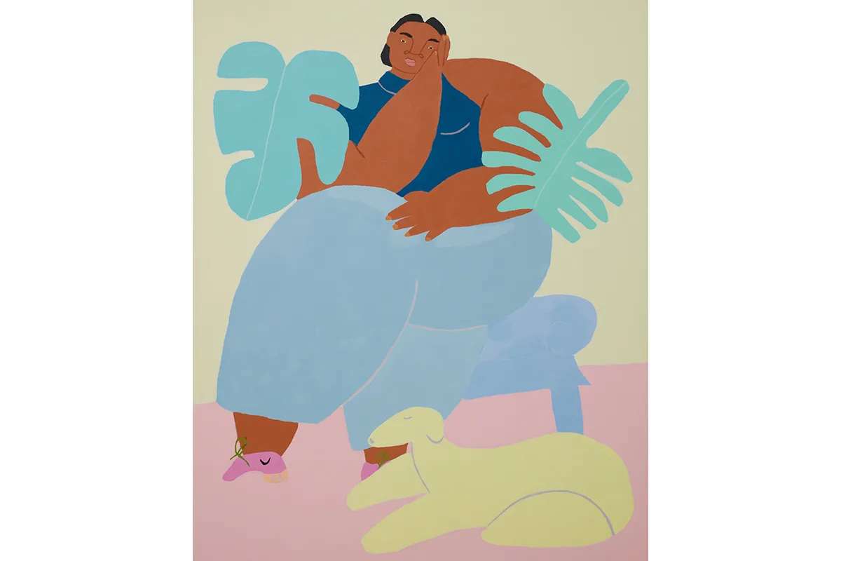 An acrylic painting on linen by artist Lilian Martinez of a woman sitting down on a chair, right hand on her face, left hand on her leg and a dog sitting down beside her.