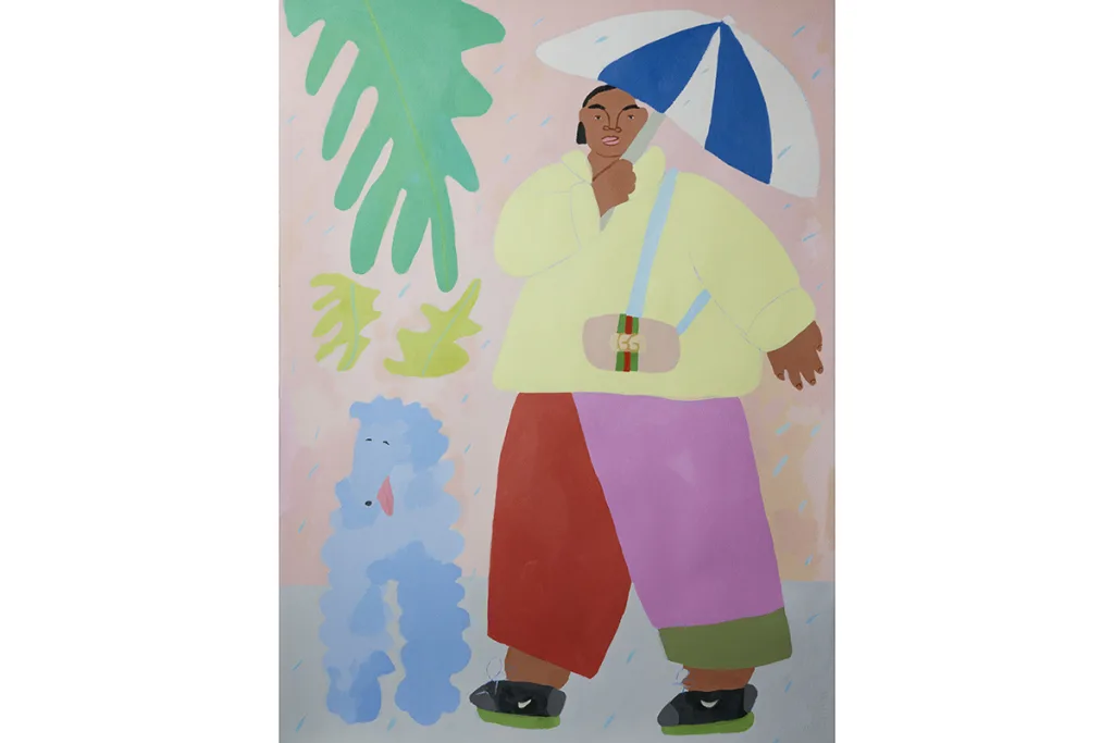 An acrylic painting on paper of a woman wearing a jacket and purse, holding an umbrella in the rain with a dog standing by her side.