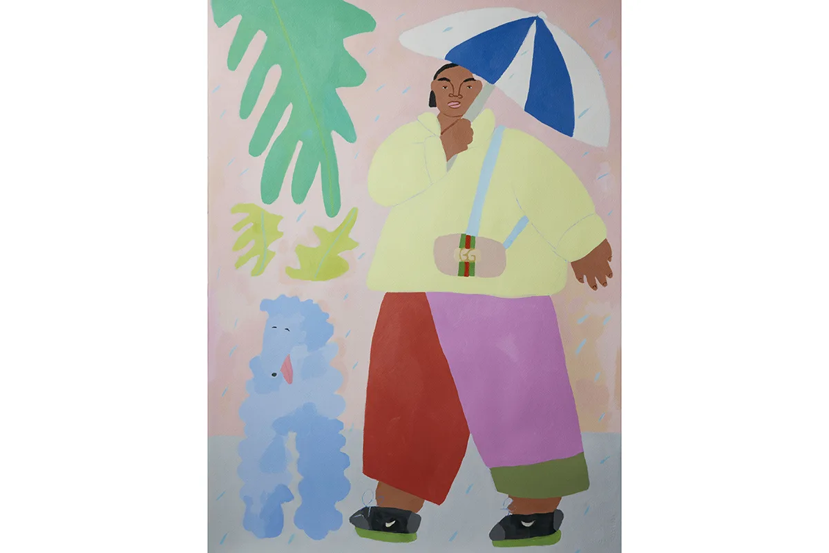 An acrylic painting on paper of a woman wearing a jacket and purse, holding an umbrella in the rain with a dog standing by her side.