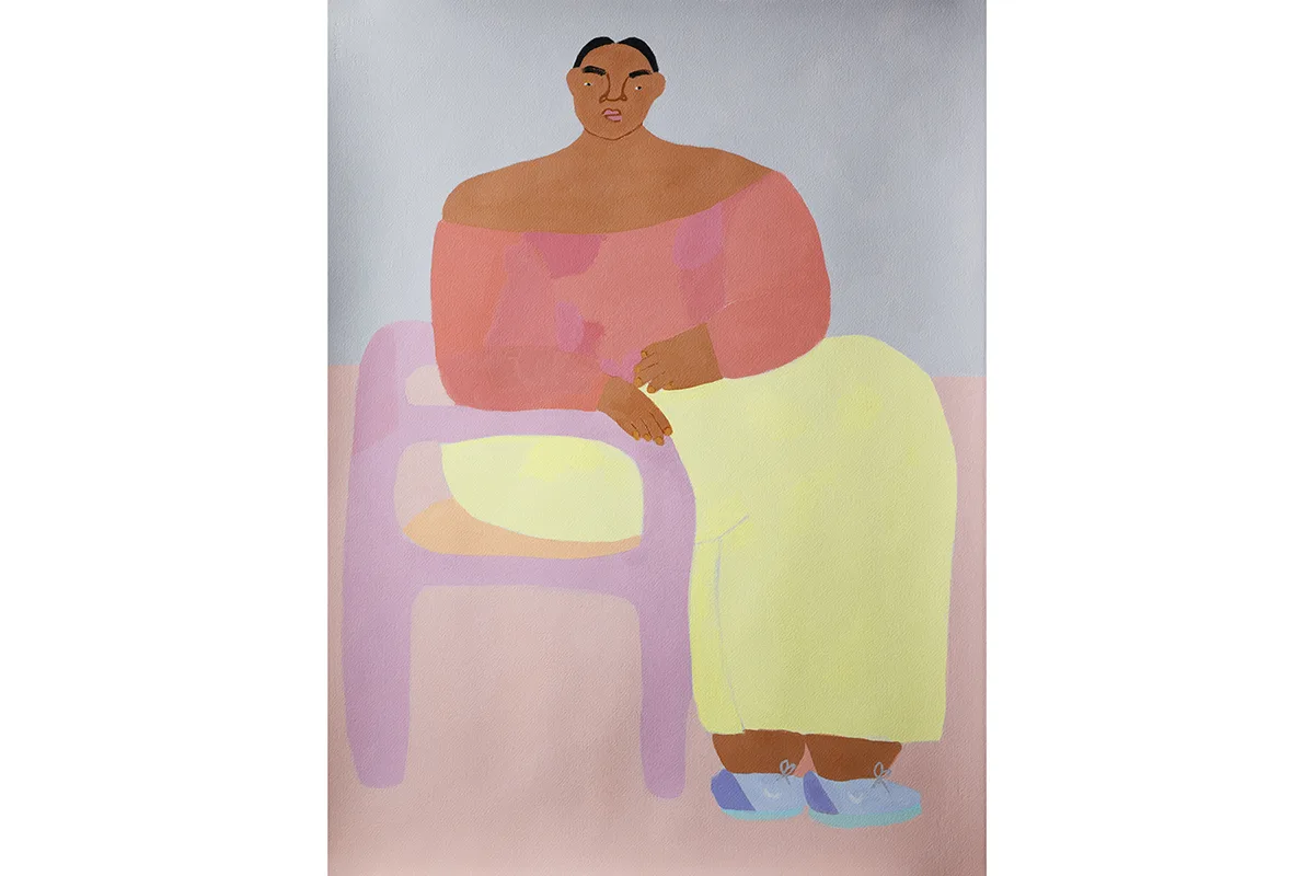 An acrylic painting on paper by artist Lilian Martinez of a woman sitting on a chair.