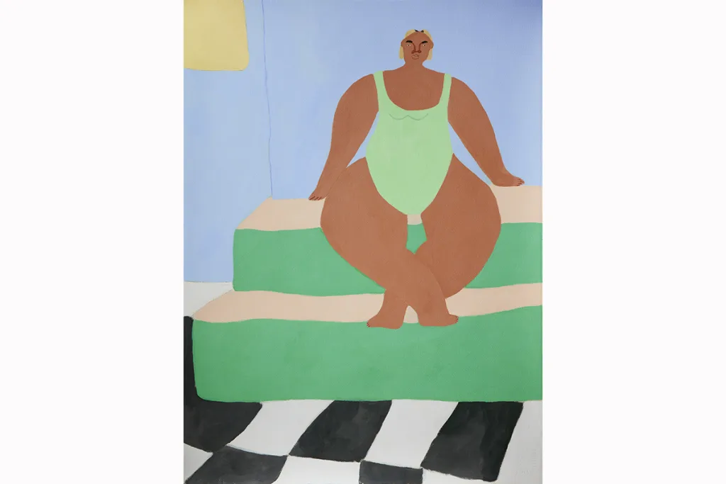 An acrylic painting on paper by artist Lilian Martinez of a woman sitting down in a sauna in her one-piece bathing suit.