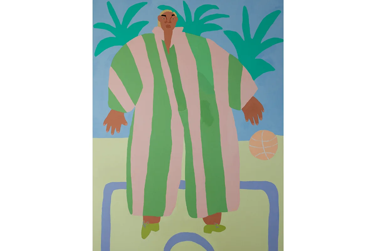 An acrylic painting on linen by artist Lilian Martinez of a woman standing while bouncing a basketball.