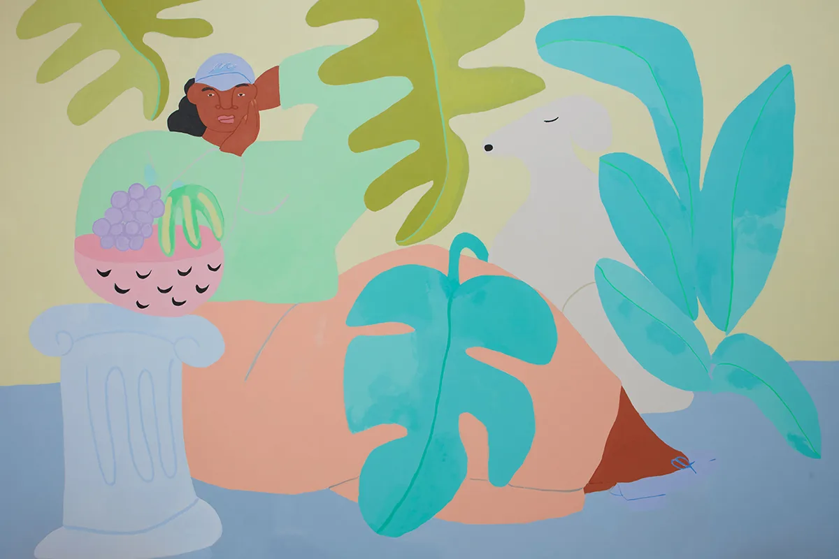 An acrylic painting on linen by artist Lilian Martinez of a woman sitting down, surrounded by flora with a dog sitting by her side. A bowl of fruit rests on a small column next to her.