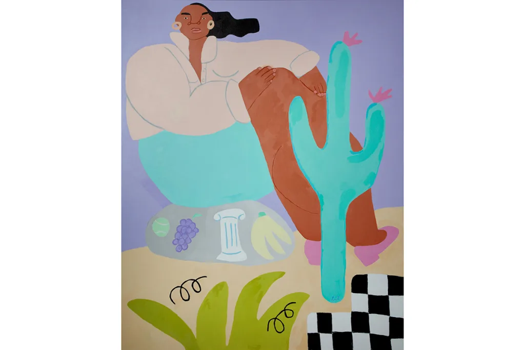 An acrylic painting on linen by artist Lilian Martinez of a woman sitting down on a rock having lunch. A tennis ball, grapes and bananas sit beside her. A cacti and picnic blanket sit in the foreground.