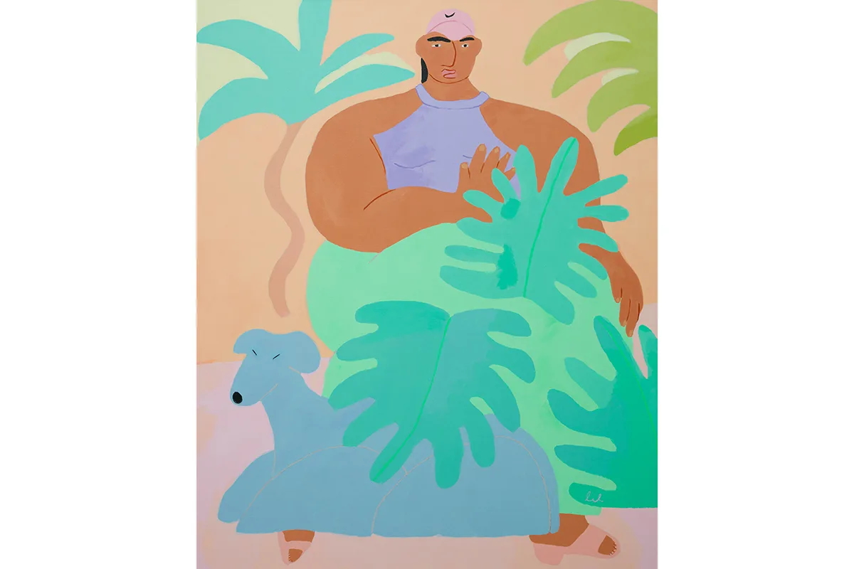 An acrylic painting on linen by artist Lilian Martinez of a woman sitting down with a dog at her feet, surrounded by flora.