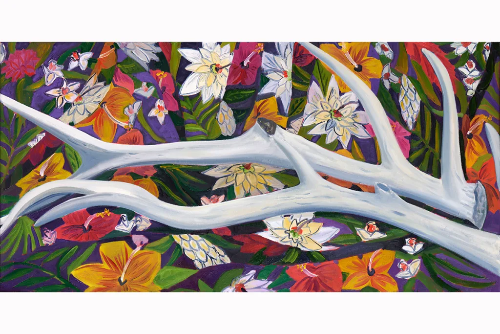 A painting by artist Anna Valdez of a set of Elk Antlers sitting on a tropical pattern.