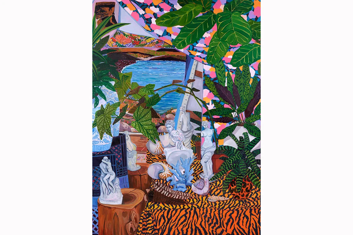 A painting by artist Anna Valdez of miniature Greek statuettes on a tiger print cloth, milk crates, patterned cloths and tropical plants are in the background.