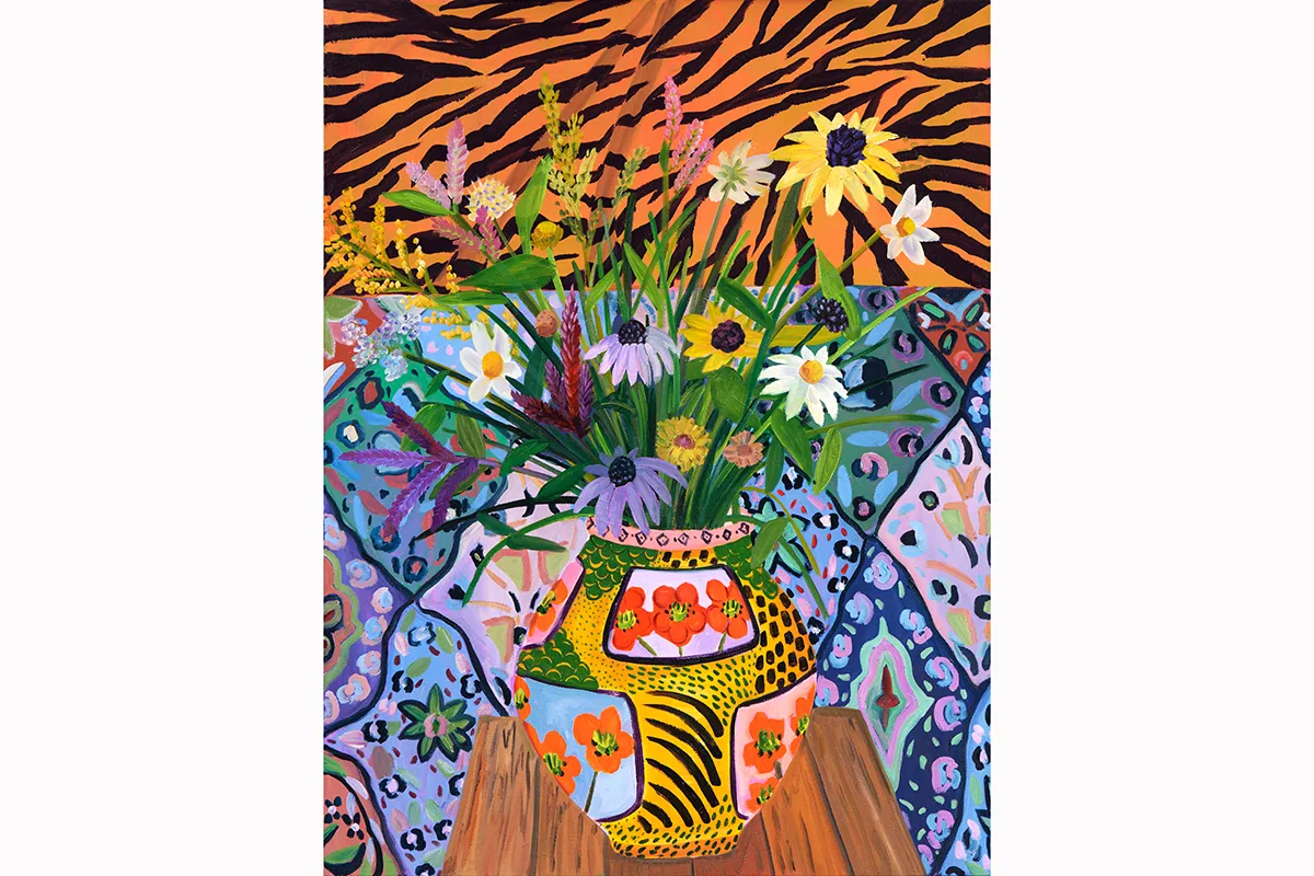 A painting by artist Anna Valdez of a vase with painted poppies adorning it, August flowers of all shapes, colors and sizes sit inside the vase, colorful patterns in the background.