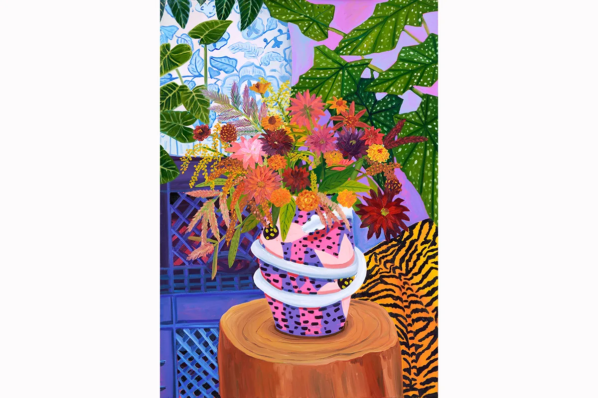 A painting by artist Anna Valdez of a colorful vase, white snake coiled around it, with September flowers inside of it of all shapes, colors and sizes. Plants, a tiger print blanket, milk crates all sit in the background.