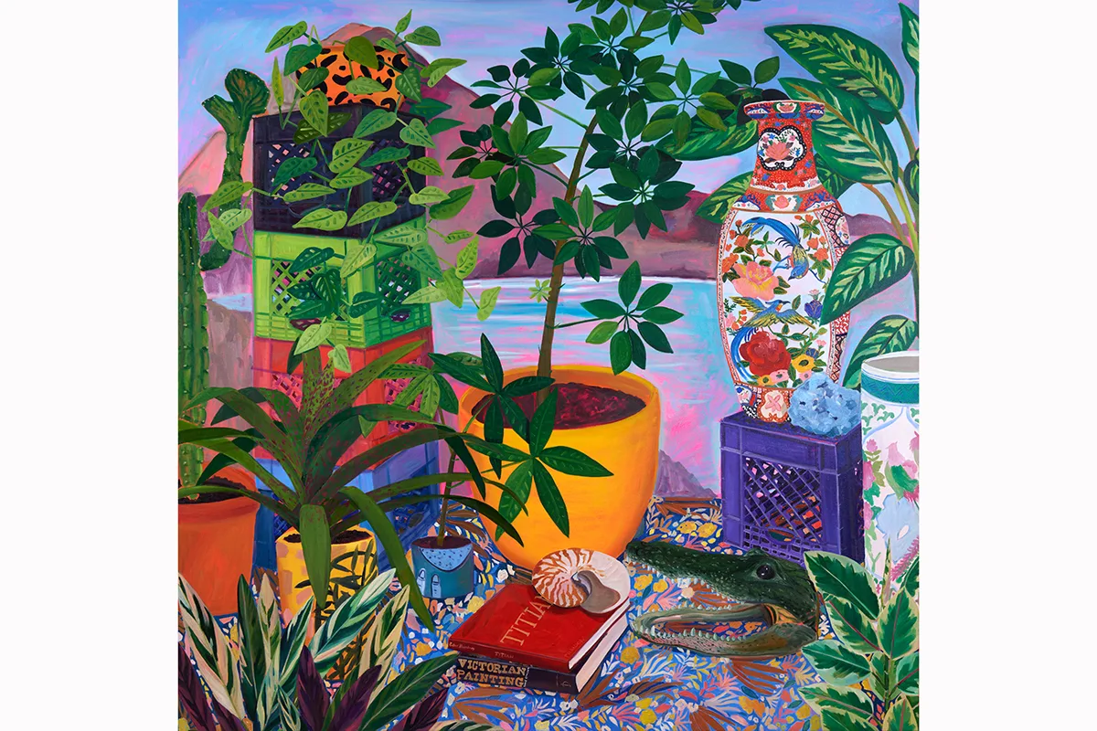 A painting by artist Anna Valdez of still life objects, such as plants, vases, milk crates, books, a seashell, an alligator's head all on a blanket with a lake and mountain in the background.