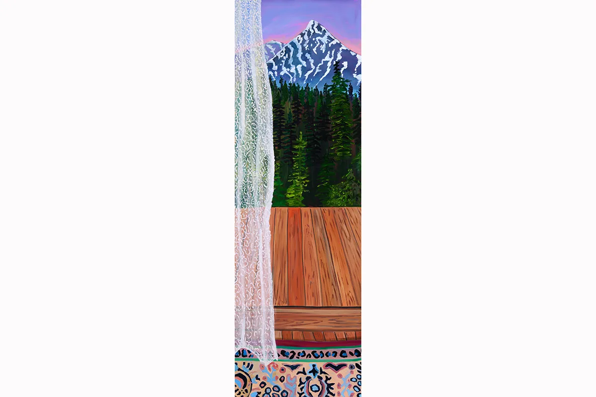 A painting by artist Anna Valdez of a lace curtain in a window with a view of a wooden deck, pine tree forests and a snow mountain are in the background.