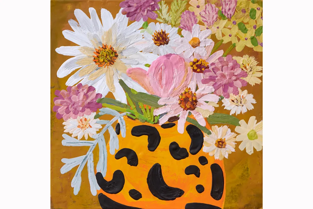 A painting by artist Anna Valdez of a leopard pattern vase holding soft colored flowers of varying sizes.
