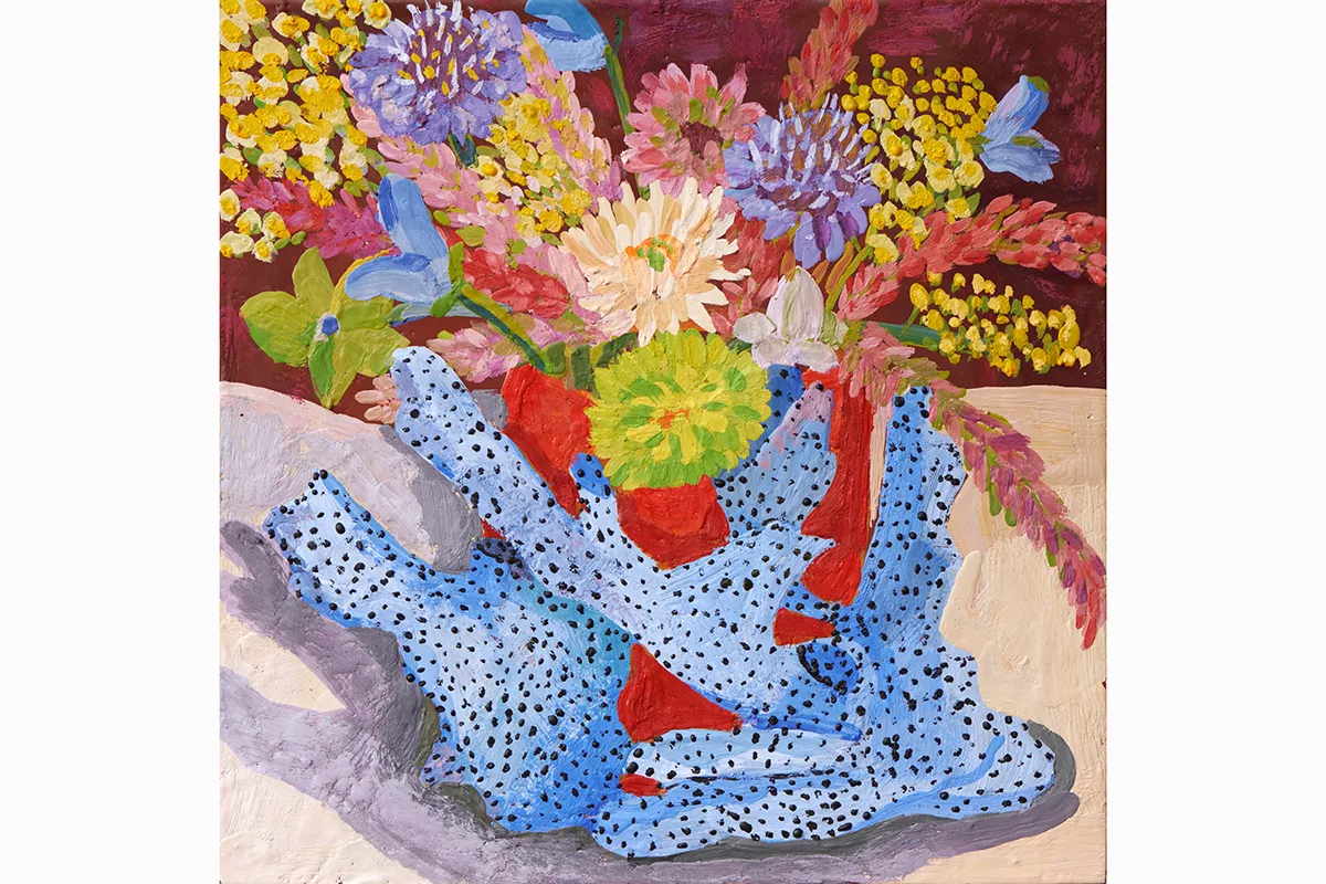 A painting by artist Anna Valdez of blue coral holding summer flowers of varying sizes.