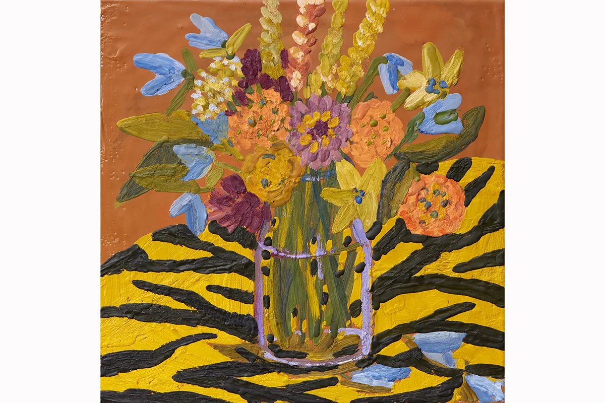 A painting by artist Anna Valdez of a clear vase full of Spring Flowers of different sizes, sitting on a tiger print tablecloth.