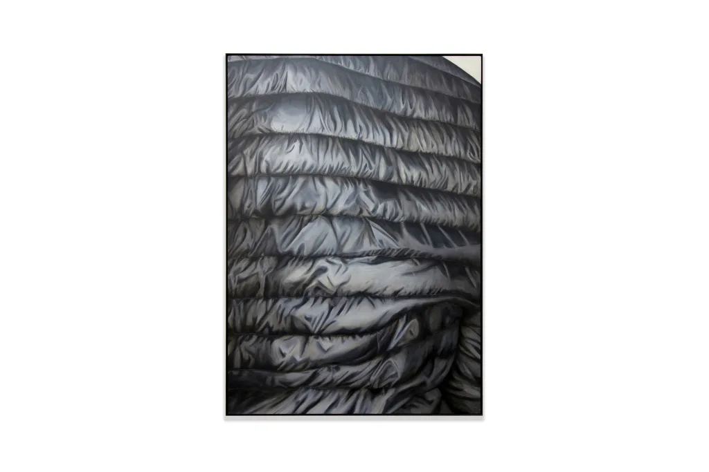 A painting by artist Devin Farrand depicting a puff jacket (black).