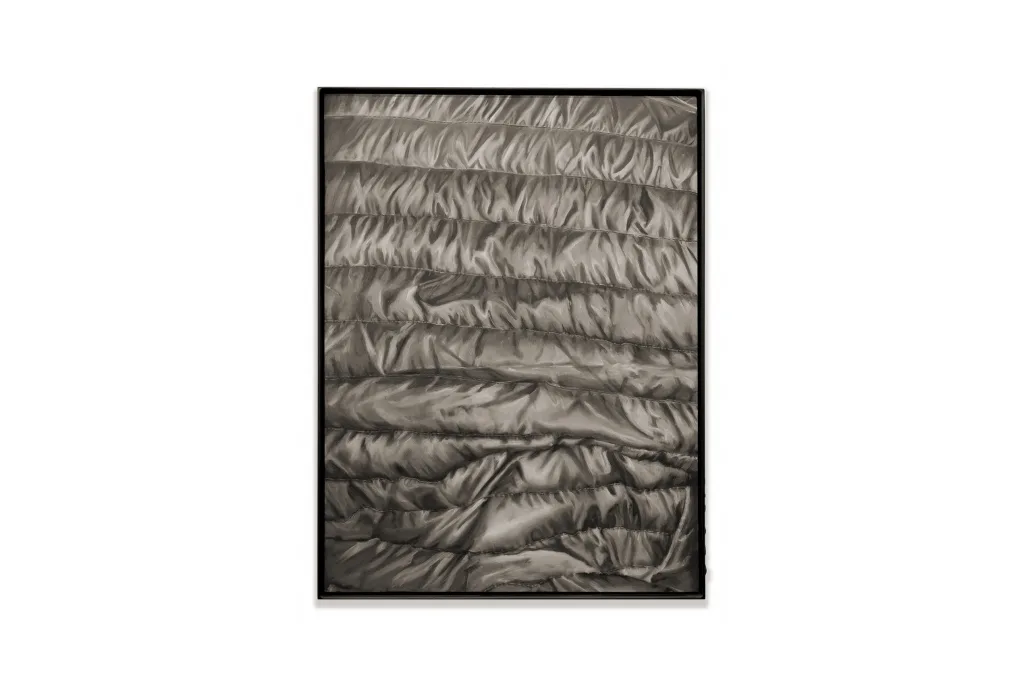 A painting by artist Devin Farrand depicting a puff jacket (black).
