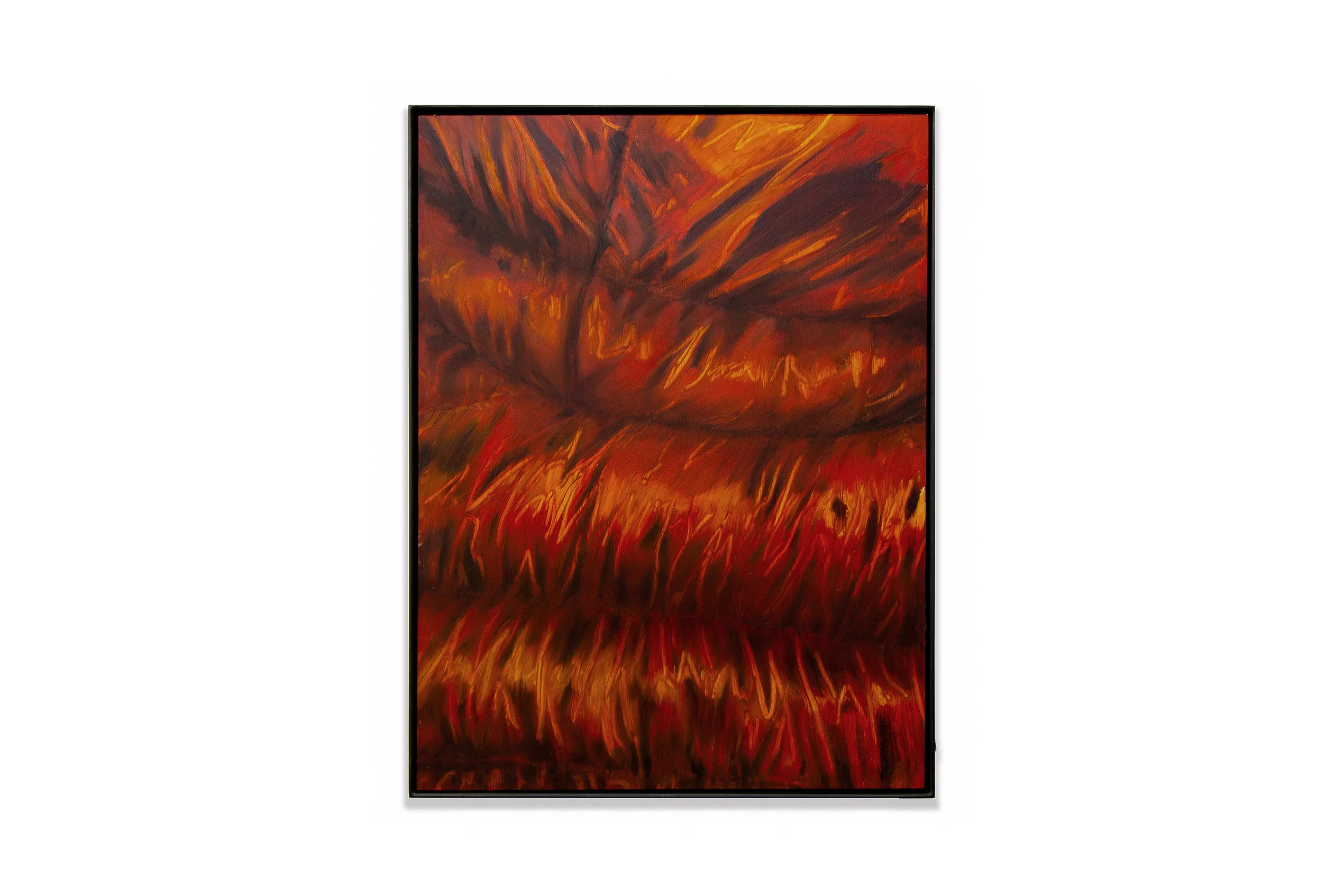 A painting by artist Devin Farrand depicting a puff jacket (yellow, orange and red).