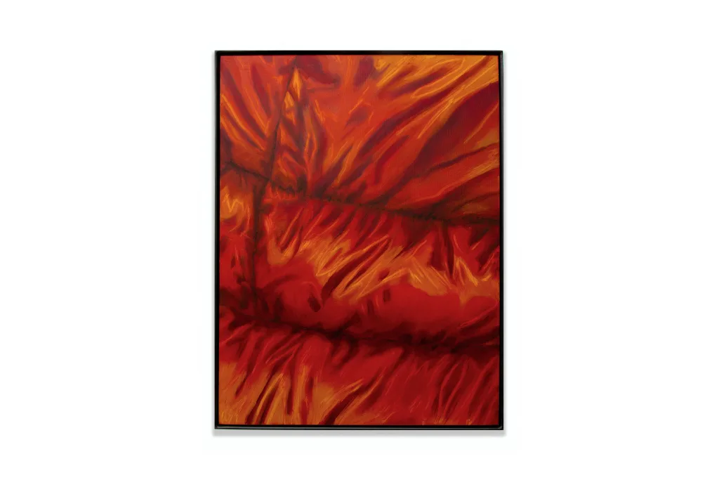 A painting by artist Devin Farrand depicting a puff jacket (yellow, orange and red).