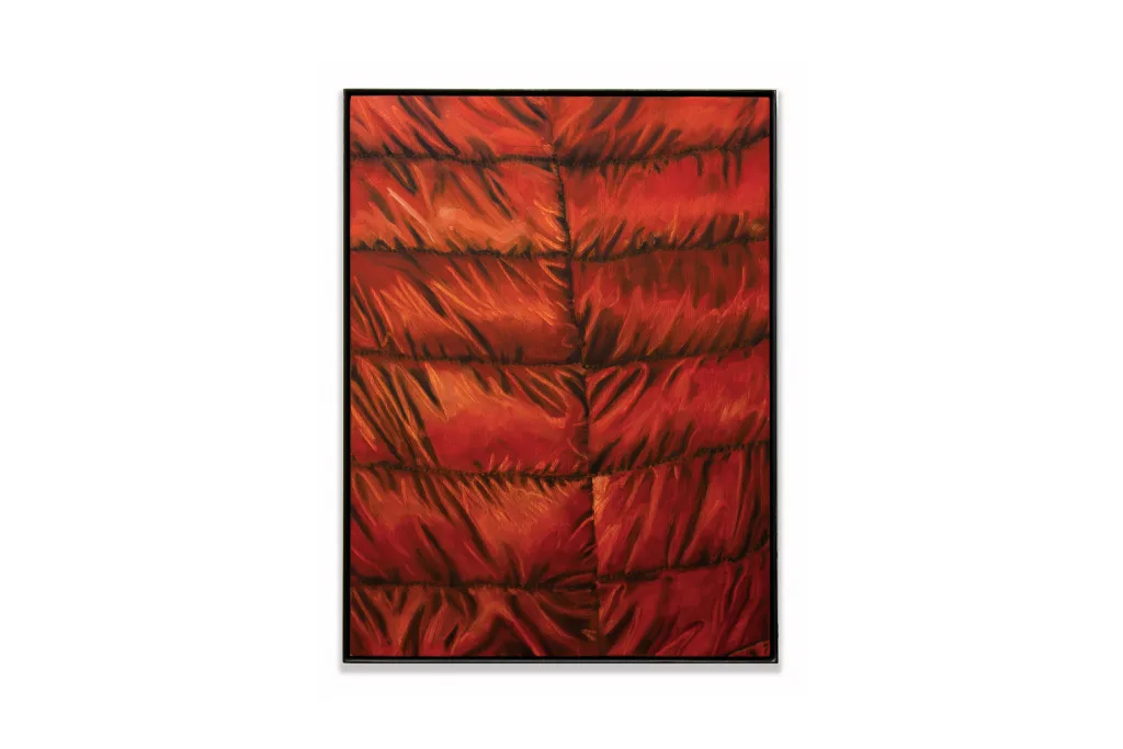 A painting by artist Devin Farrand depicting a puff jacket (yellow, orange and red).