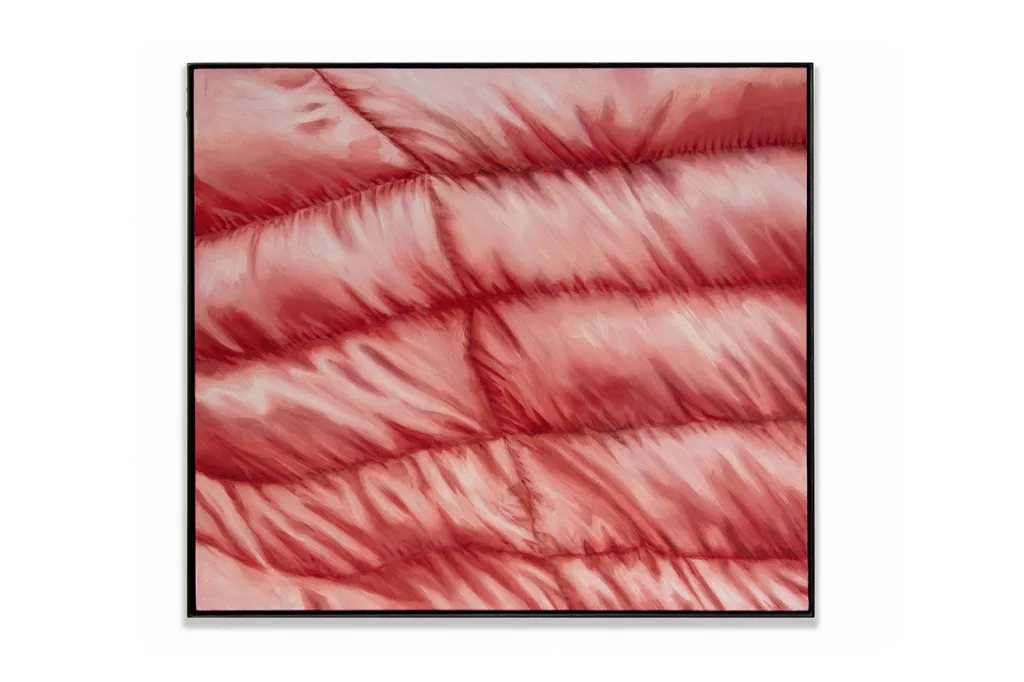 A painting by artist Devin Farrand depicting a puff jacket (pink).